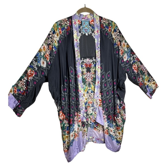 Johnny Was Shae Printed Silk Kimono Floral Mixed Print Purple Black Size Small - Picture 3 of 16